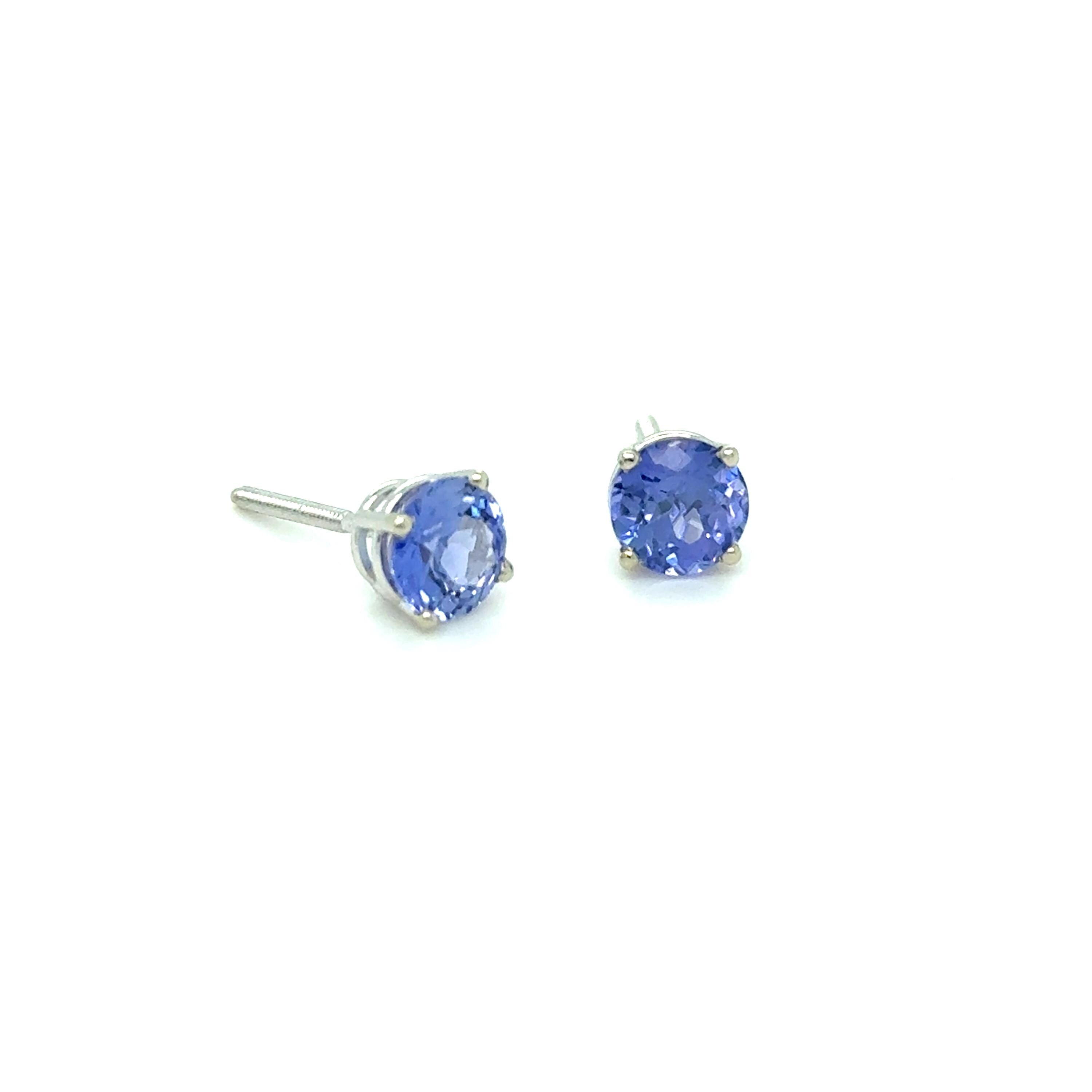 Vintage Unheated Ceylon Round Cut Sapphire Stud Earrings in 18K White Gold - 1.77ct.